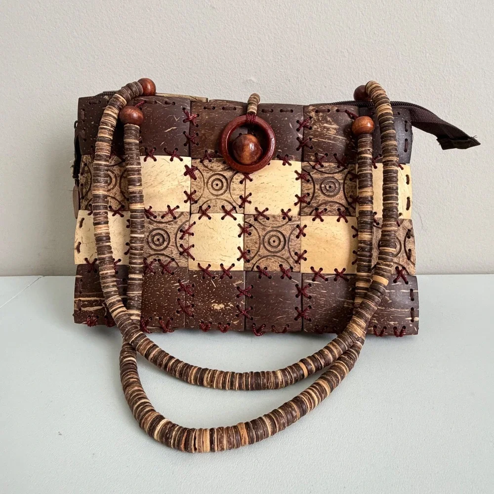 VR Collections Handmade Coconut Shell Bag Boho Checkered Beaded Handle Brown Tan